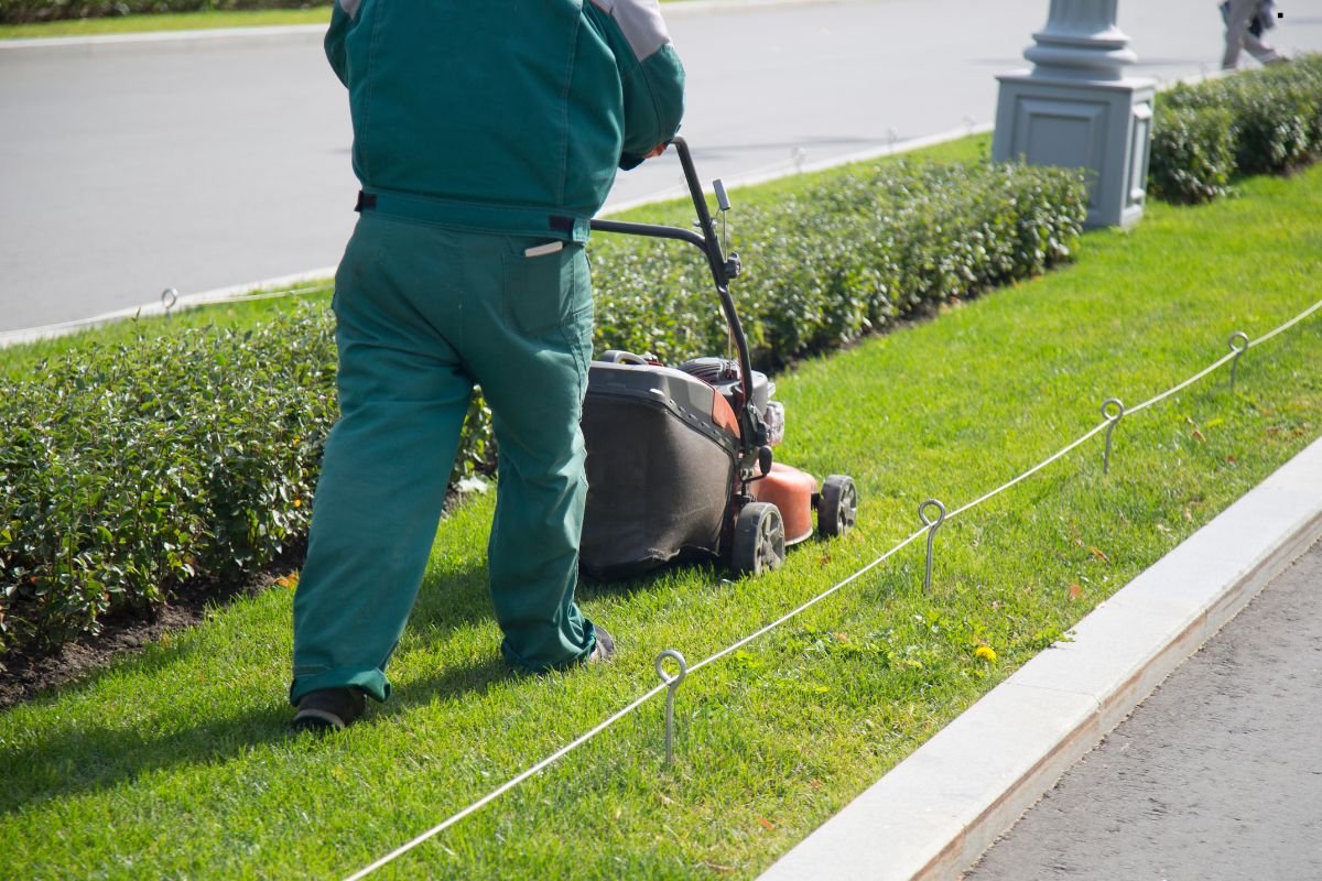 A landscaper in green work attire mows a manicured grass lawn next to a neatly trimmed hedge along a roadway.